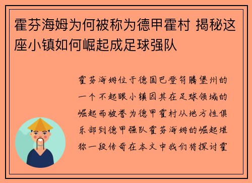 霍芬海姆为何被称为德甲霍村 揭秘这座小镇如何崛起成足球强队