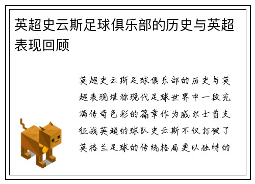 英超史云斯足球俱乐部的历史与英超表现回顾